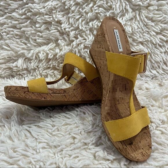 Alex Marie Yellow wedge slip on sandals with cork soles size 7.5M NWOT - Picture 1 of 9